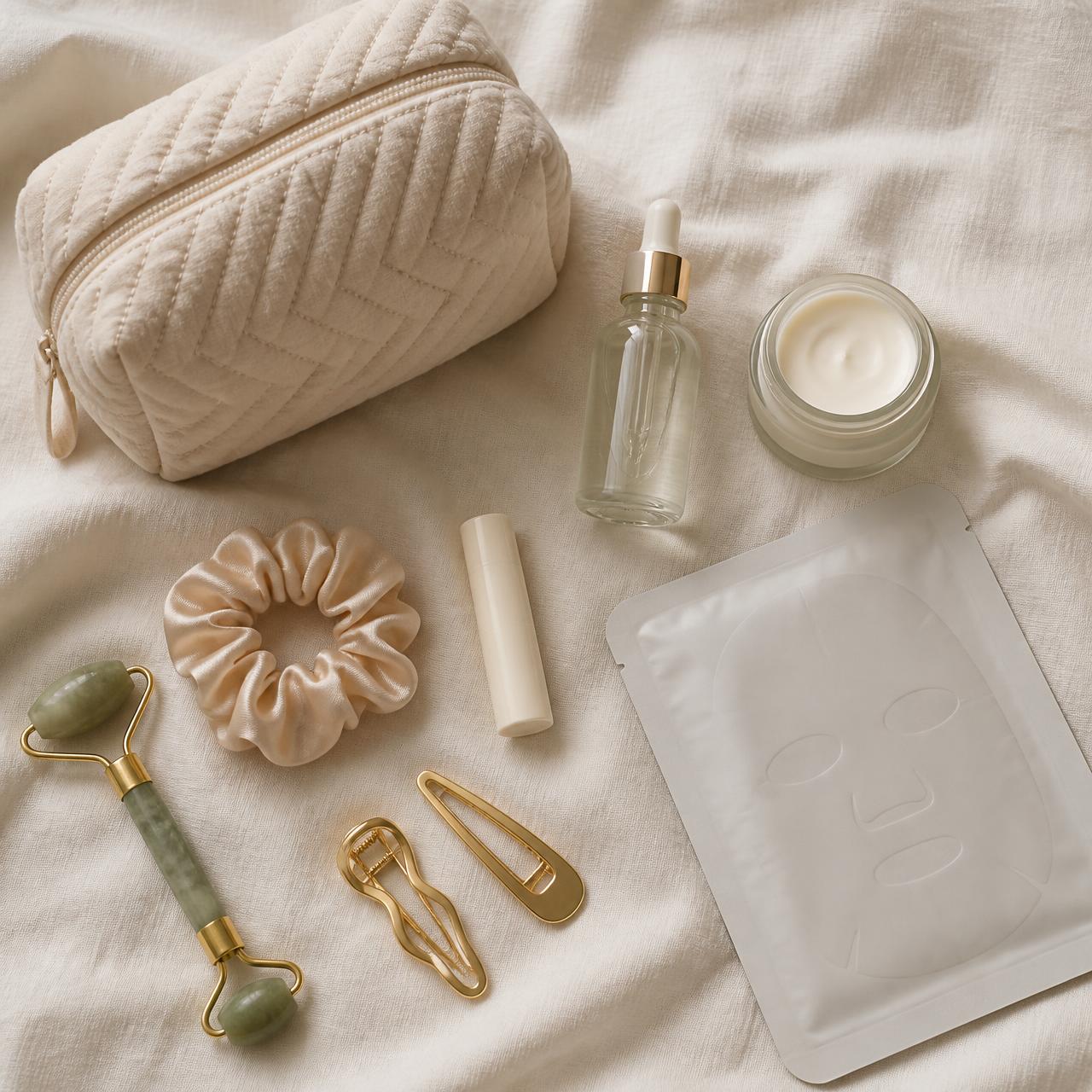 Coffret Beauty & Self-Care : soins visage, masque, soin des lèvres, accessoires cheveux et pochette cosmétique